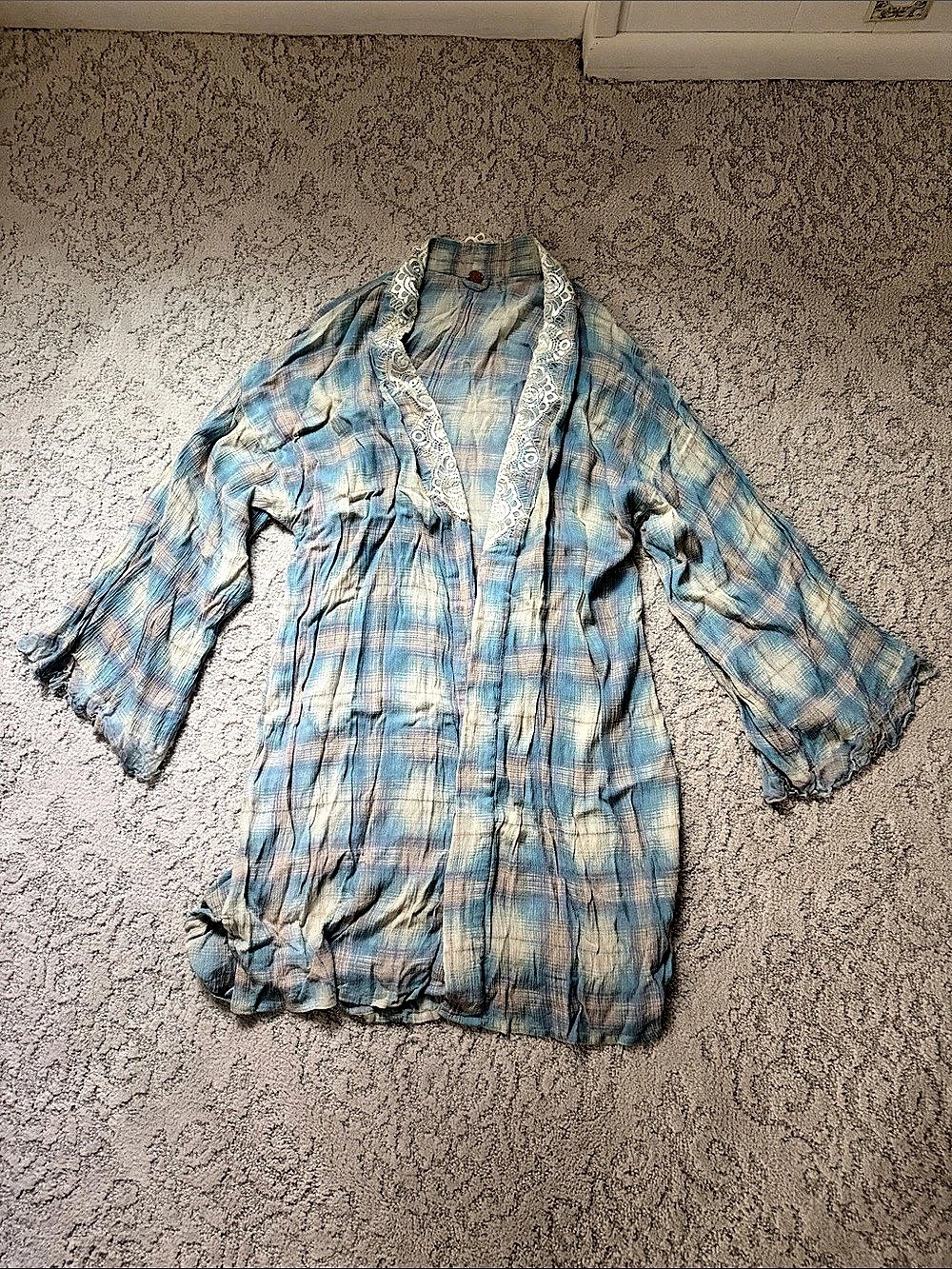 FP One Blue & White Plaid Lace Trim Tunic Size S/XS